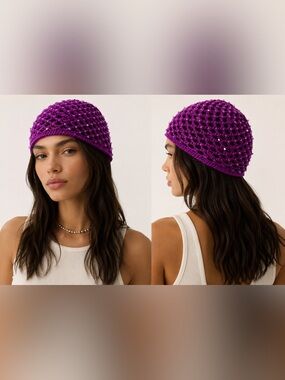 Zara Purple Beaded Crochet Cap Skullcap Hat